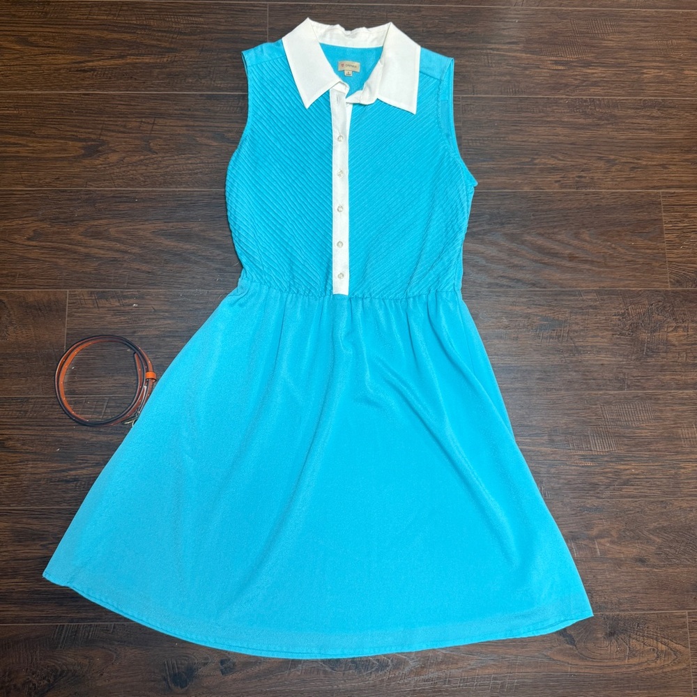 CREMIEUX SLEEVELESS TURQUOISE WHITE COLLAR BUTTON DRESS ORANGE BELT